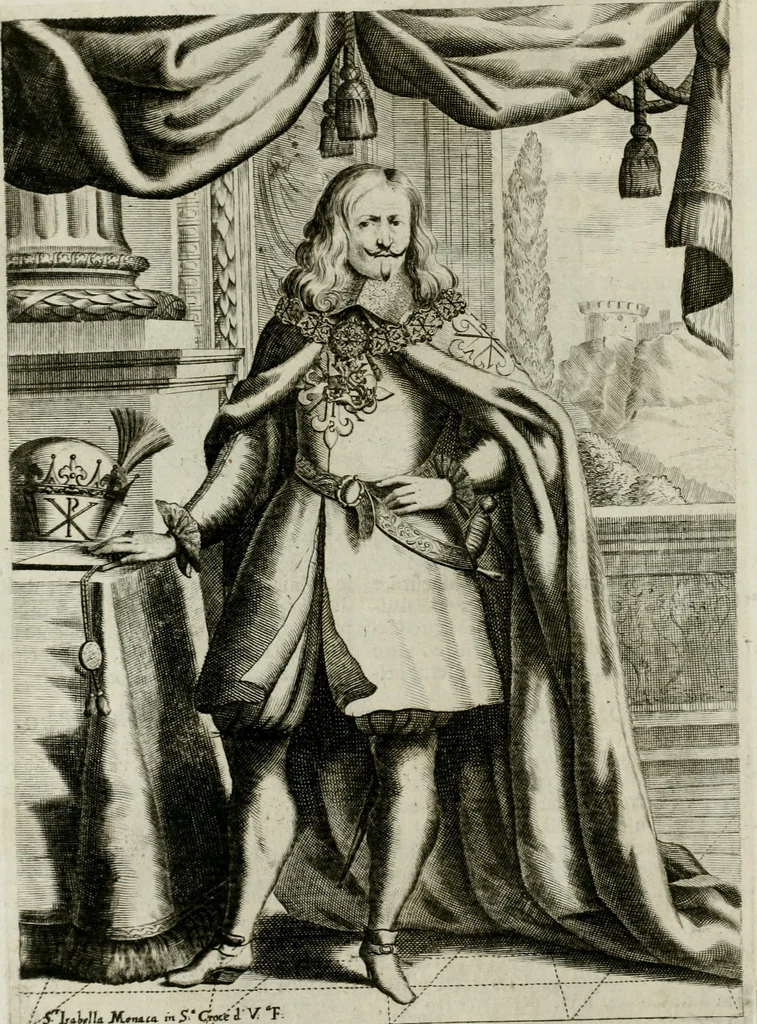 An illustration from Historie cronologiche dell' origine degl' ordini militari e di tutte le religione caualleresche infino ad hora instituite nel mondo : insegne, croci, stendardi, habiti capitolari ò di ceremonia, statuti, e constituzioni di cadaun'ordine : guerre campali e nauali, azioni, fatti celebri, & imprese de caualieri; confederazioni, trattati, paci, & auuenimenti per difesa del Nome Christiano, e propagazione della fede cattolica : serie di tutti i prencipi gran maestri, ordini di dame, e degl' infedeli &c. con le loro diuise, 1692, leaf 49