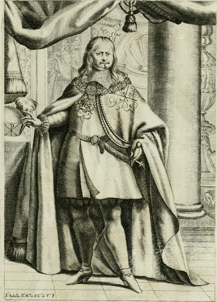 An illustration from Historie cronologiche dell' origine degl' ordini militari e di tutte le religione caualleresche infino ad hora instituite nel mondo : insegne, croci, stendardi, habiti capitolari ò di ceremonia, statuti, e constituzioni di cadaun'ordine : guerre campali e nauali, azioni, fatti celebri, & imprese de caualieri; confederazioni, trattati, paci, & auuenimenti per difesa del Nome Christiano, e propagazione della fede cattolica : serie di tutti i prencipi gran maestri, ordini di dame, e degl' infedeli &c. con le loro diuise, 1692, leaf 50