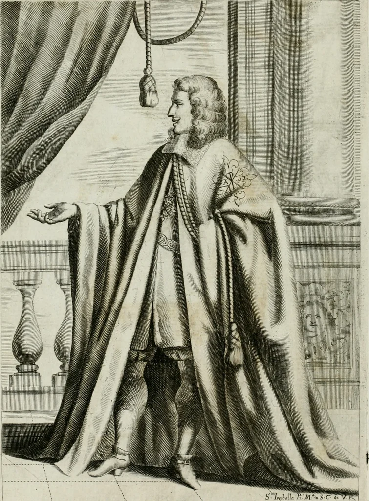 An illustration from Historie cronologiche dell' origine degl' ordini militari e di tutte le religione caualleresche infino ad hora instituite nel mondo : insegne, croci, stendardi, habiti capitolari ò di ceremonia, statuti, e constituzioni di cadaun'ordine : guerre campali e nauali, azioni, fatti celebri, & imprese de caualieri; confederazioni, trattati, paci, & auuenimenti per difesa del Nome Christiano, e propagazione della fede cattolica : serie di tutti i prencipi gran maestri, ordini di dame, e degl' infedeli &c. con le loro diuise, 1692, leaf 51