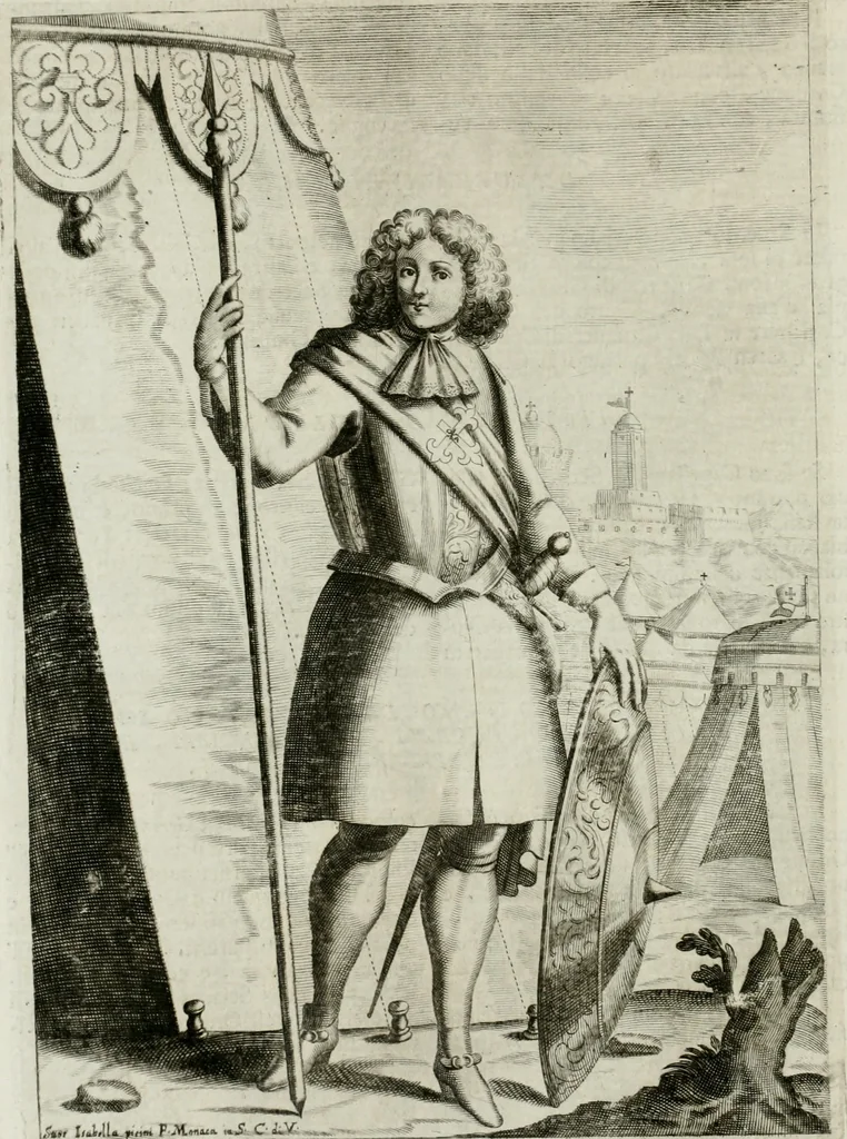 An illustration from Historie cronologiche dell' origine degl' ordini militari e di tutte le religione caualleresche infino ad hora instituite nel mondo : insegne, croci, stendardi, habiti capitolari ò di ceremonia, statuti, e constituzioni di cadaun'ordine : guerre campali e nauali, azioni, fatti celebri, & imprese de caualieri; confederazioni, trattati, paci, & auuenimenti per difesa del Nome Christiano, e propagazione della fede cattolica : serie di tutti i prencipi gran maestri, ordini di dame, e degl' infedeli &c. con le loro diuise, 1692, leaf 53