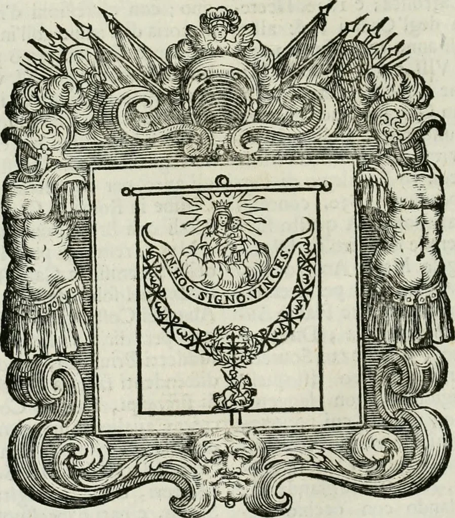 An illustration from Historie cronologiche dell' origine degl' ordini militari e di tutte le religione caualleresche infino ad hora instituite nel mondo : insegne, croci, stendardi, habiti capitolari ò di ceremonia, statuti, e constituzioni di cadaun'ordine : guerre campali e nauali, azioni, fatti celebri, & imprese de caualieri; confederazioni, trattati, paci, & auuenimenti per difesa del Nome Christiano, e propagazione della fede cattolica : serie di tutti i prencipi gran maestri, ordini di dame, e degl' infedeli &c. con le loro diuise, 1692, leaf 57