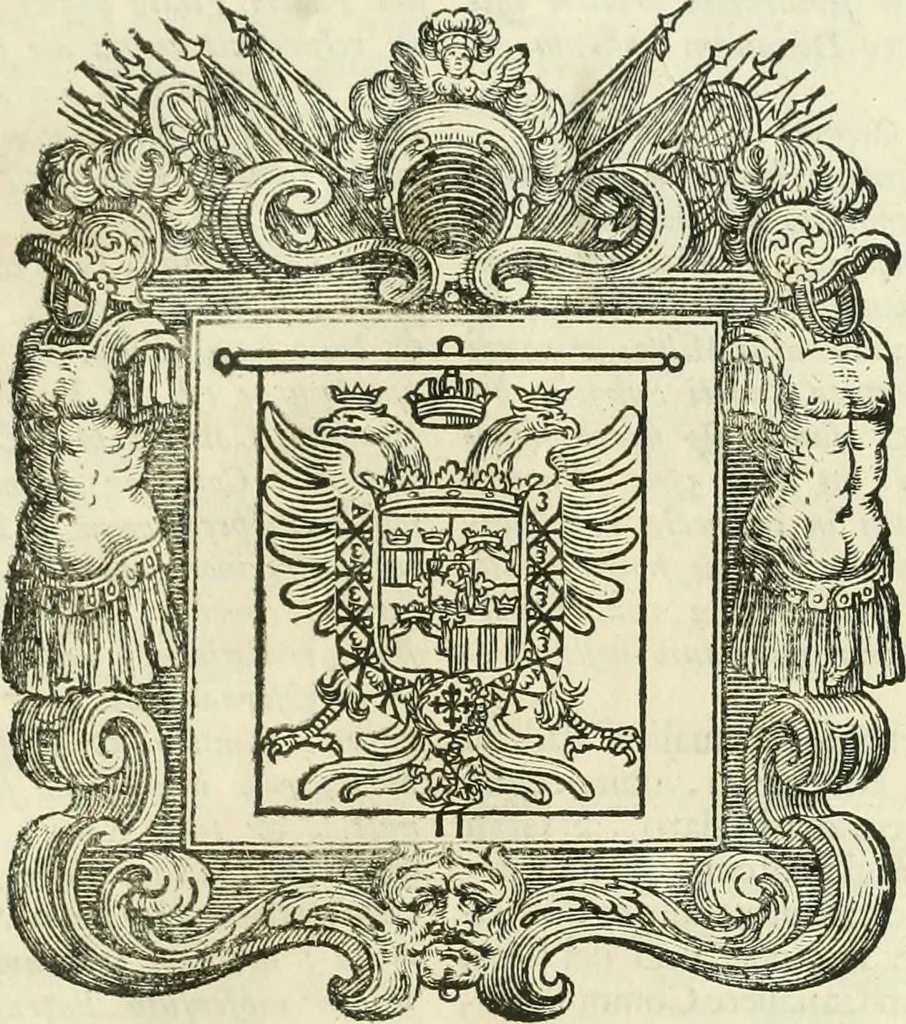 An illustration from Historie cronologiche dell' origine degl' ordini militari e di tutte le religione caualleresche infino ad hora instituite nel mondo : insegne, croci, stendardi, habiti capitolari ò di ceremonia, statuti, e constituzioni di cadaun'ordine : guerre campali e nauali, azioni, fatti celebri, & imprese de caualieri; confederazioni, trattati, paci, & auuenimenti per difesa del Nome Christiano, e propagazione della fede cattolica : serie di tutti i prencipi gran maestri, ordini di dame, e degl' infedeli &c. con le loro diuise, 1692, leaf 58