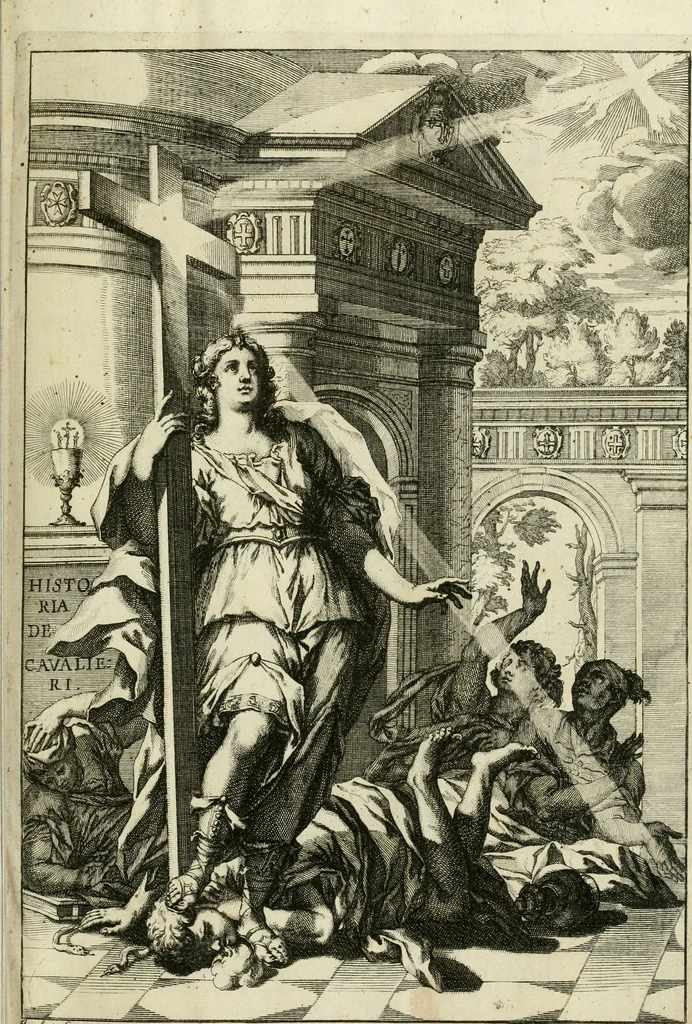 An illustration from Historie cronologiche dell' origine degl' ordini militari e di tutte le religione caualleresche infino ad hora instituite nel mondo : insegne, croci, stendardi, habiti capitolari ò di ceremonia, statuti, e constituzioni di cadaun'ordine : guerre campali e nauali, azioni, fatti celebri, & imprese de caualieri; confederazioni, trattati, paci, & auuenimenti per difesa del Nome Christiano, e propagazione della fede cattolica : serie di tutti i prencipi gran maestri, ordini di dame, e degl' infedeli &c. con le loro diuise, 1692, leaf 6