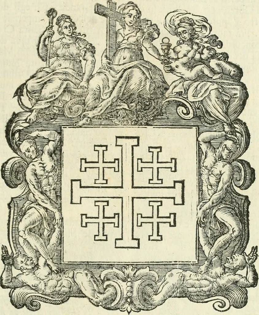 An illustration from Historie cronologiche dell' origine degl' ordini militari e di tutte le religione caualleresche infino ad hora instituite nel mondo : insegne, croci, stendardi, habiti capitolari ò di ceremonia, statuti, e constituzioni di cadaun'ordine : guerre campali e nauali, azioni, fatti celebri, & imprese de caualieri; confederazioni, trattati, paci, & auuenimenti per difesa del Nome Christiano, e propagazione della fede cattolica : serie di tutti i prencipi gran maestri, ordini di dame, e degl' infedeli &c. con le loro diuise, 1692, leaf 68