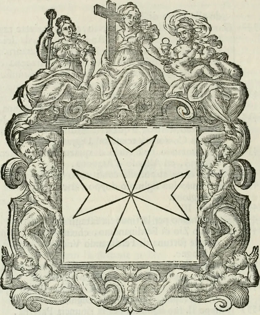 An illustration from Historie cronologiche dell' origine degl' ordini militari e di tutte le religione caualleresche infino ad hora instituite nel mondo : insegne, croci, stendardi, habiti capitolari ò di ceremonia, statuti, e constituzioni di cadaun'ordine : guerre campali e nauali, azioni, fatti celebri, & imprese de caualieri; confederazioni, trattati, paci, & auuenimenti per difesa del Nome Christiano, e propagazione della fede cattolica : serie di tutti i prencipi gran maestri, ordini di dame, e degl' infedeli &c. con le loro diuise, 1692, leaf 81