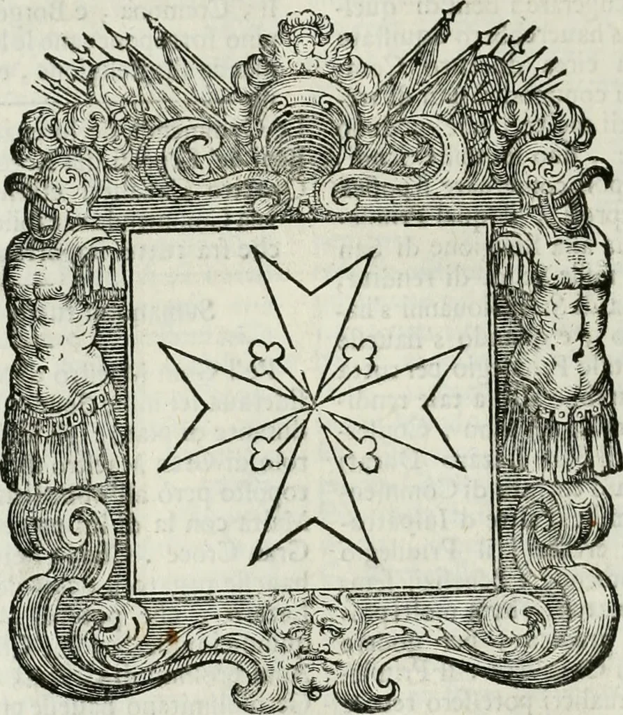 An illustration from Historie cronologiche dell' origine degl' ordini militari e di tutte le religione caualleresche infino ad hora instituite nel mondo : insegne, croci, stendardi, habiti capitolari ò di ceremonia, statuti, e constituzioni di cadaun'ordine : guerre campali e nauali, azioni, fatti celebri, & imprese de caualieri; confederazioni, trattati, paci, & auuenimenti per difesa del Nome Christiano, e propagazione della fede cattolica : serie di tutti i prencipi gran maestri, ordini di dame, e degl' infedeli &c. con le loro diuise, 1692, leaf 85