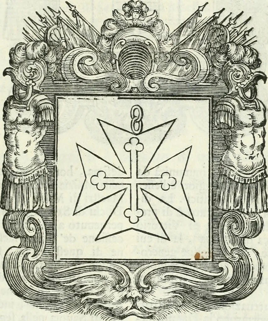 An illustration from Historie cronologiche dell' origine degl' ordini militari e di tutte le religione caualleresche infino ad hora instituite nel mondo : insegne, croci, stendardi, habiti capitolari ò di ceremonia, statuti, e constituzioni di cadaun'ordine : guerre campali e nauali, azioni, fatti celebri, & imprese de caualieri; confederazioni, trattati, paci, & auuenimenti per difesa del Nome Christiano, e propagazione della fede cattolica : serie di tutti i prencipi gran maestri, ordini di dame, e degl' infedeli &c. con le loro diuise, 1692, leaf 86