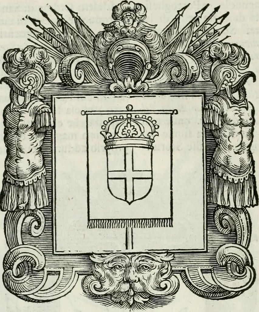 An illustration from Historie cronologiche dell' origine degl' ordini militari e di tutte le religione caualleresche infino ad hora instituite nel mondo : insegne, croci, stendardi, habiti capitolari ò di ceremonia, statuti, e constituzioni di cadaun'ordine : guerre campali e nauali, azioni, fatti celebri, & imprese de caualieri; confederazioni, trattati, paci, & auuenimenti per difesa del Nome Christiano, e propagazione della fede cattolica : serie di tutti i prencipi gran maestri, ordini di dame, e degl' infedeli &c. con le loro diuise, 1692, leaf 87