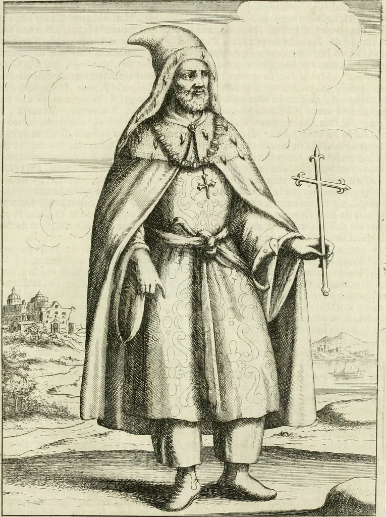 An illustration from Historie cronologiche dell' origine degl' ordini militari e di tutte le religione caualleresche infino ad hora instituite nel mondo : insegne, croci, stendardi, habiti capitolari ò di ceremonia, statuti, e constituzioni di cadaun'ordine : guerre campali e nauali, azioni, fatti celebri, & imprese de caualieri; confederazioni, trattati, paci, & auuenimenti per difesa del Nome Christiano, e propagazione della fede cattolica : serie di tutti i prencipi gran maestri, ordini di dame, e degl' infedeli &c. con le loro diuise, 1692, leaf 94