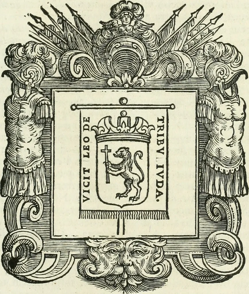 An illustration from Historie cronologiche dell' origine degl' ordini militari e di tutte le religione caualleresche infino ad hora instituite nel mondo : insegne, croci, stendardi, habiti capitolari ò di ceremonia, statuti, e constituzioni di cadaun'ordine : guerre campali e nauali, azioni, fatti celebri, & imprese de caualieri; confederazioni, trattati, paci, & auuenimenti per difesa del Nome Christiano, e propagazione della fede cattolica : serie di tutti i prencipi gran maestri, ordini di dame, e degl' infedeli &c. con le loro diuise, 1692, leaf 96