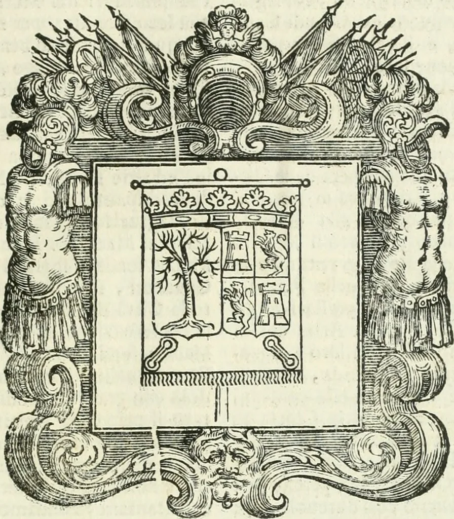 An illustration from Historie cronologiche dell' origine degl' ordini militari e di tutte le religione caualleresche infino ad hora instituite nel mondo : insegne, croci, stendardi, habiti capitolari ò di ceremonia, statuti, e constituzioni di cadaun'ordine : guerre campali e nauali, azioni, fatti celebri, & imprese de caualieri; confederazioni, trattati, paci, & auuenimenti per difesa del Nome Christiano, e propagazione della fede cattolica : serie di tutti i prencipi gran maestri, ordini di dame, e degl' infedeli &c. con le loro diuise, 1692, leaf 10