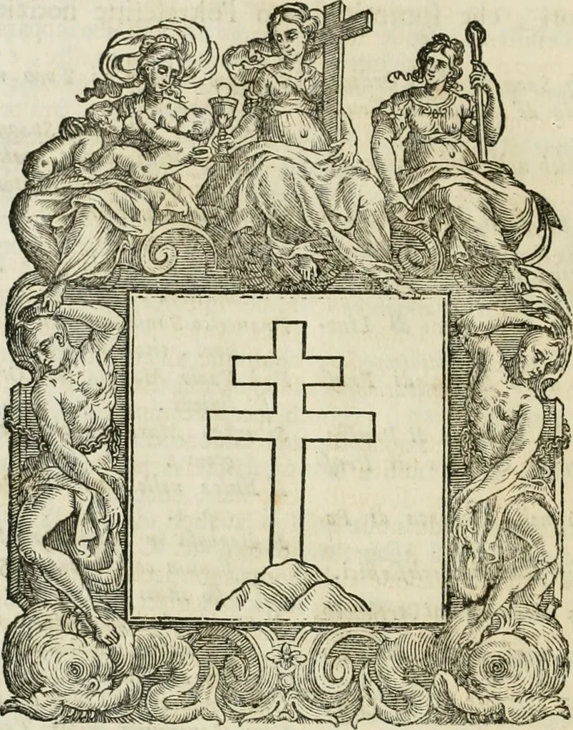 An illustration from Historie cronologiche dell' origine degl' ordini militari e di tutte le religione caualleresche infino ad hora instituite nel mondo : insegne, croci, stendardi, habiti capitolari ò di ceremonia, statuti, e constituzioni di cadaun'ordine : guerre campali e nauali, azioni, fatti celebri, & imprese de caualieri; confederazioni, trattati, paci, & auuenimenti per difesa del Nome Christiano, e propagazione della fede cattolica : serie di tutti i prencipi gran maestri, ordini di dame, e degl' infedeli &c. con le loro diuise, 1692, leaf 107