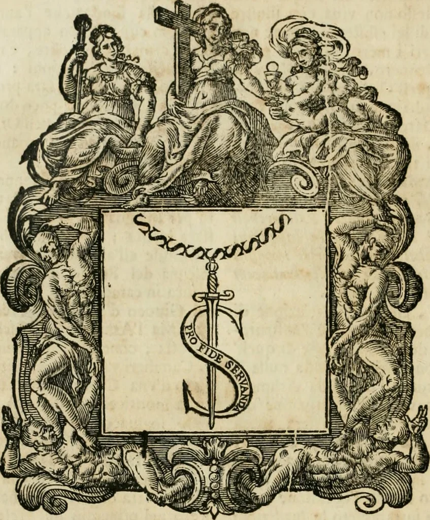 An illustration from Historie cronologiche dell' origine degl' ordini militari e di tutte le religione caualleresche infino ad hora instituite nel mondo : insegne, croci, stendardi, habiti capitolari ò di ceremonia, statuti, e constituzioni di cadaun'ordine : guerre campali e nauali, azioni, fatti celebri, & imprese de caualieri; confederazioni, trattati, paci, & auuenimenti per difesa del Nome Christiano, e propagazione della fede cattolica : serie di tutti i prencipi gran maestri, ordini di dame, e degl' infedeli &c. con le loro diuise, 1692, leaf 109