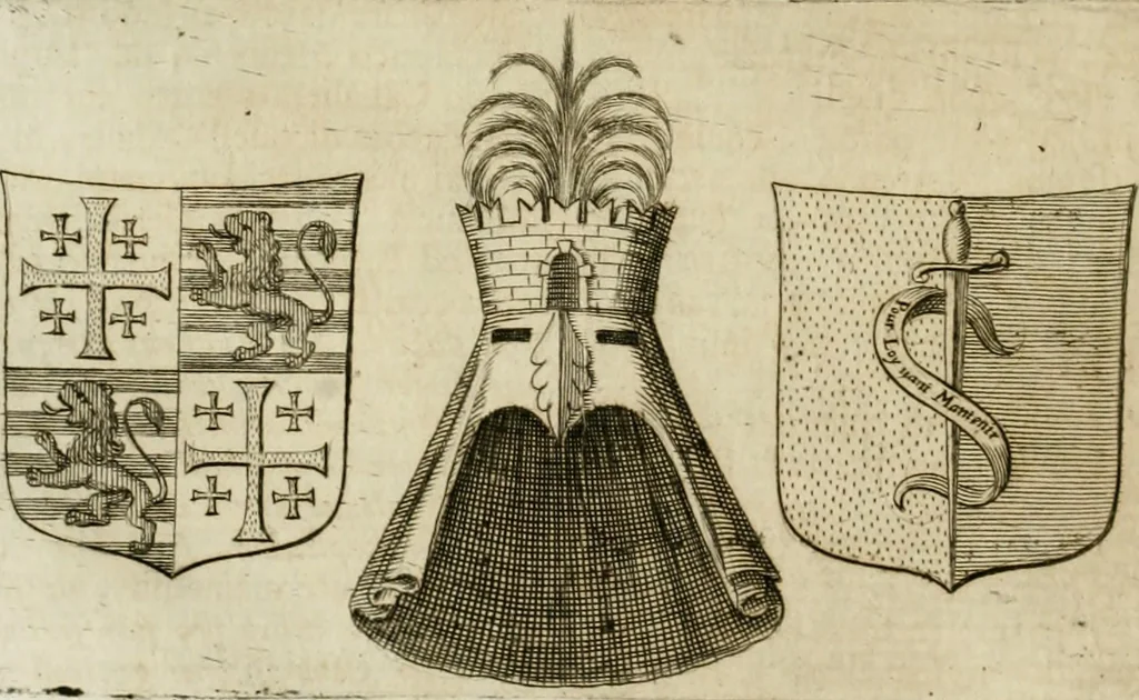 An illustration from Historie cronologiche dell' origine degl' ordini militari e di tutte le religione caualleresche infino ad hora instituite nel mondo : insegne, croci, stendardi, habiti capitolari ò di ceremonia, statuti, e constituzioni di cadaun'ordine : guerre campali e nauali, azioni, fatti celebri, & imprese de caualieri; confederazioni, trattati, paci, & auuenimenti per difesa del Nome Christiano, e propagazione della fede cattolica : serie di tutti i prencipi gran maestri, ordini di dame, e degl' infedeli &c. con le loro diuise, 1692, leaf 111
