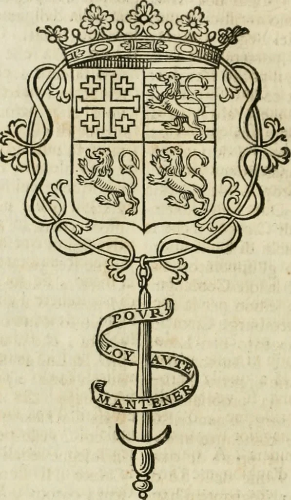 An illustration from Historie cronologiche dell' origine degl' ordini militari e di tutte le religione caualleresche infino ad hora instituite nel mondo : insegne, croci, stendardi, habiti capitolari ò di ceremonia, statuti, e constituzioni di cadaun'ordine : guerre campali e nauali, azioni, fatti celebri, & imprese de caualieri; confederazioni, trattati, paci, & auuenimenti per difesa del Nome Christiano, e propagazione della fede cattolica : serie di tutti i prencipi gran maestri, ordini di dame, e degl' infedeli &c. con le loro diuise, 1692, leaf 113