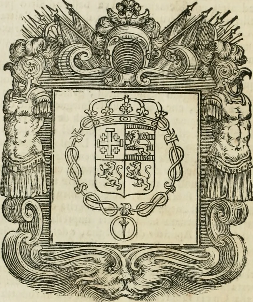An illustration from Historie cronologiche dell' origine degl' ordini militari e di tutte le religione caualleresche infino ad hora instituite nel mondo : insegne, croci, stendardi, habiti capitolari ò di ceremonia, statuti, e constituzioni di cadaun'ordine : guerre campali e nauali, azioni, fatti celebri, & imprese de caualieri; confederazioni, trattati, paci, & auuenimenti per difesa del Nome Christiano, e propagazione della fede cattolica : serie di tutti i prencipi gran maestri, ordini di dame, e degl' infedeli &c. con le loro diuise, 1692, leaf 117