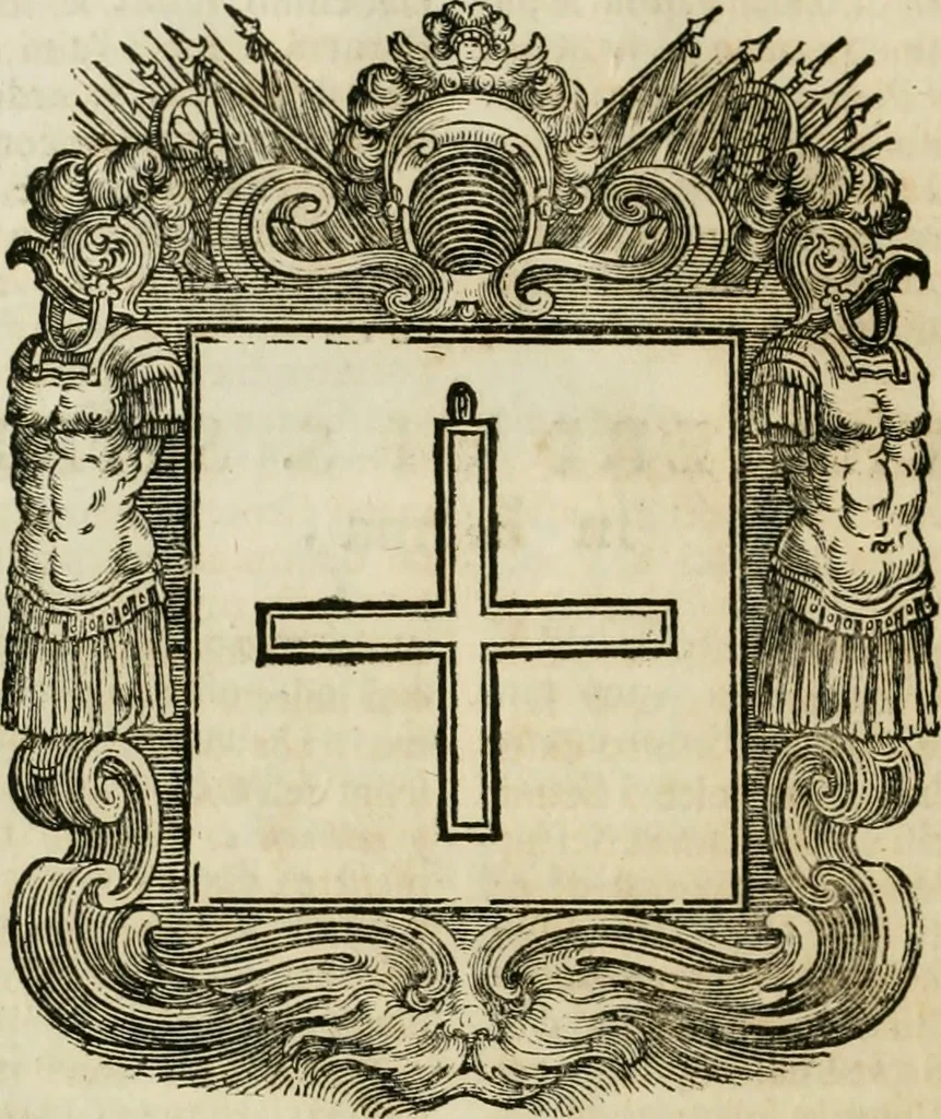 An illustration from Historie cronologiche dell' origine degl' ordini militari e di tutte le religione caualleresche infino ad hora instituite nel mondo : insegne, croci, stendardi, habiti capitolari ò di ceremonia, statuti, e constituzioni di cadaun'ordine : guerre campali e nauali, azioni, fatti celebri, & imprese de caualieri; confederazioni, trattati, paci, & auuenimenti per difesa del Nome Christiano, e propagazione della fede cattolica : serie di tutti i prencipi gran maestri, ordini di dame, e degl' infedeli &c. con le loro diuise, 1692, leaf 125