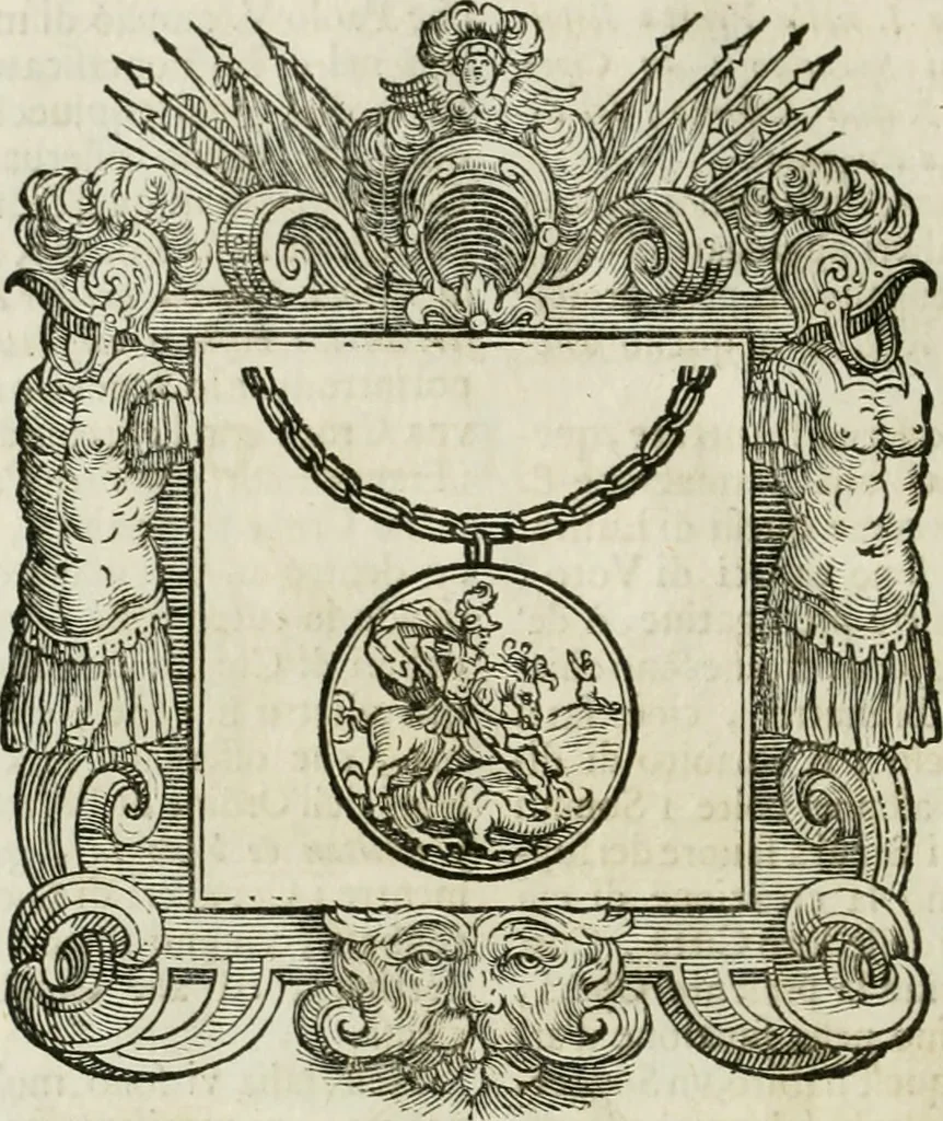 An illustration from Historie cronologiche dell' origine degl' ordini militari e di tutte le religione caualleresche infino ad hora instituite nel mondo : insegne, croci, stendardi, habiti capitolari ò di ceremonia, statuti, e constituzioni di cadaun'ordine : guerre campali e nauali, azioni, fatti celebri, & imprese de caualieri; confederazioni, trattati, paci, & auuenimenti per difesa del Nome Christiano, e propagazione della fede cattolica : serie di tutti i prencipi gran maestri, ordini di dame, e degl' infedeli &c. con le loro diuise, 1692, leaf 127