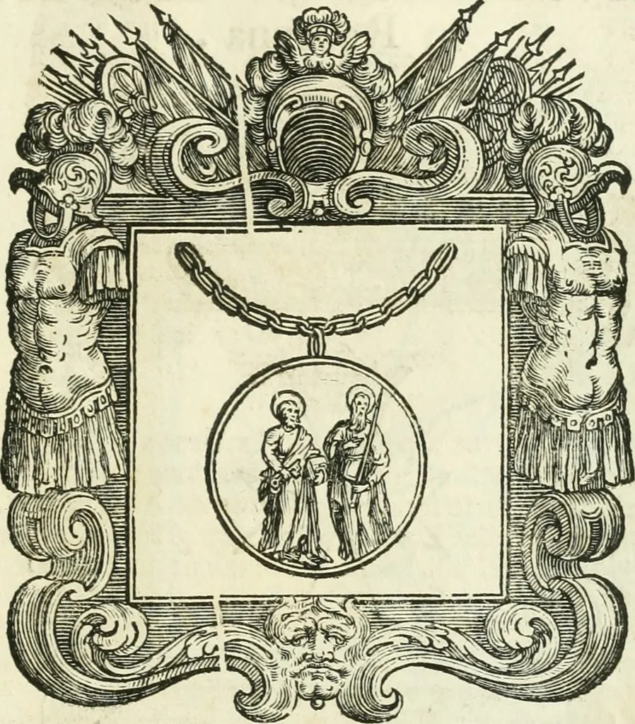 An illustration from Historie cronologiche dell' origine degl' ordini militari e di tutte le religione caualleresche infino ad hora instituite nel mondo : insegne, croci, stendardi, habiti capitolari ò di ceremonia, statuti, e constituzioni di cadaun'ordine : guerre campali e nauali, azioni, fatti celebri, & imprese de caualieri; confederazioni, trattati, paci, & auuenimenti per difesa del Nome Christiano, e propagazione della fede cattolica : serie di tutti i prencipi gran maestri, ordini di dame, e degl' infedeli &c. con le loro diuise, 1692, leaf 128