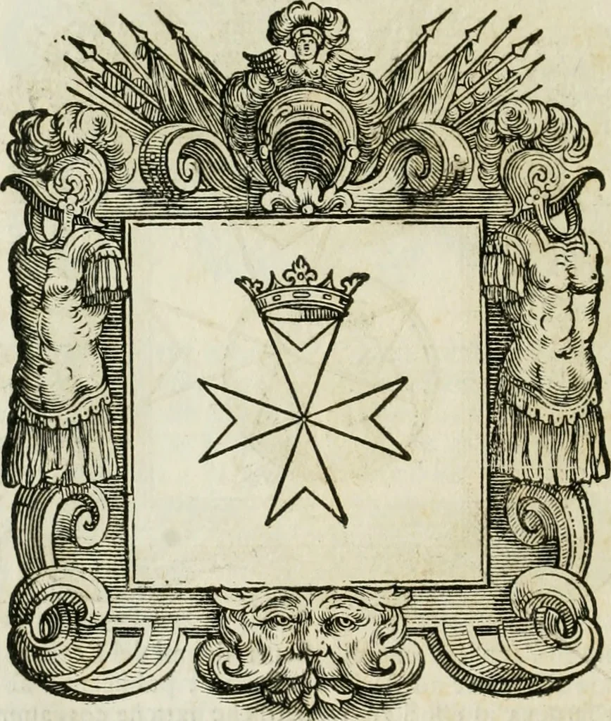 An illustration from Historie cronologiche dell' origine degl' ordini militari e di tutte le religione caualleresche infino ad hora instituite nel mondo : insegne, croci, stendardi, habiti capitolari ò di ceremonia, statuti, e constituzioni di cadaun'ordine : guerre campali e nauali, azioni, fatti celebri, & imprese de caualieri; confederazioni, trattati, paci, & auuenimenti per difesa del Nome Christiano, e propagazione della fede cattolica : serie di tutti i prencipi gran maestri, ordini di dame, e degl' infedeli &c. con le loro diuise, 1692, leaf 129