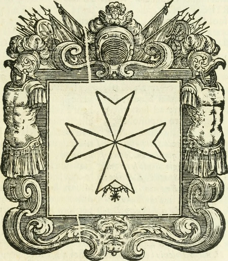 An illustration from Historie cronologiche dell' origine degl' ordini militari e di tutte le religione caualleresche infino ad hora instituite nel mondo : insegne, croci, stendardi, habiti capitolari ò di ceremonia, statuti, e constituzioni di cadaun'ordine : guerre campali e nauali, azioni, fatti celebri, & imprese de caualieri; confederazioni, trattati, paci, & auuenimenti per difesa del Nome Christiano, e propagazione della fede cattolica : serie di tutti i prencipi gran maestri, ordini di dame, e degl' infedeli &c. con le loro diuise, 1692, leaf 130