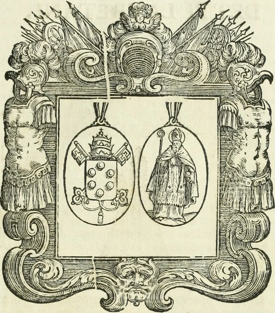 An illustration from Historie cronologiche dell' origine degl' ordini militari e di tutte le religione caualleresche infino ad hora instituite nel mondo : insegne, croci, stendardi, habiti capitolari ò di ceremonia, statuti, e constituzioni di cadaun'ordine : guerre campali e nauali, azioni, fatti celebri, & imprese de caualieri; confederazioni, trattati, paci, & auuenimenti per difesa del Nome Christiano, e propagazione della fede cattolica : serie di tutti i prencipi gran maestri, ordini di dame, e degl' infedeli &c. con le loro diuise, 1692, leaf 132