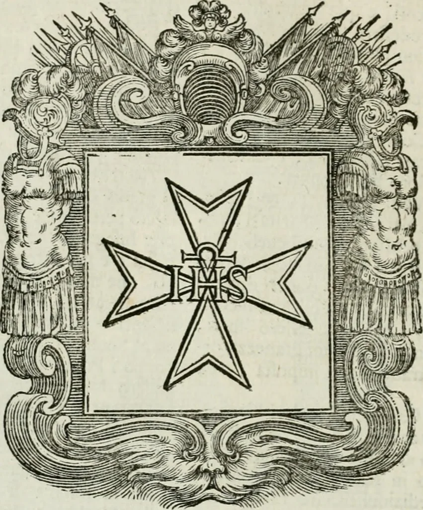 An illustration from Historie cronologiche dell' origine degl' ordini militari e di tutte le religione caualleresche infino ad hora instituite nel mondo : insegne, croci, stendardi, habiti capitolari ò di ceremonia, statuti, e constituzioni di cadaun'ordine : guerre campali e nauali, azioni, fatti celebri, & imprese de caualieri; confederazioni, trattati, paci, & auuenimenti per difesa del Nome Christiano, e propagazione della fede cattolica : serie di tutti i prencipi gran maestri, ordini di dame, e degl' infedeli &c. con le loro diuise, 1692, leaf 135