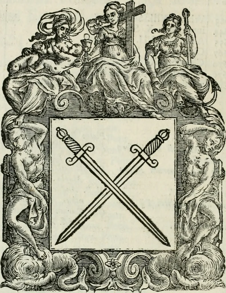 An illustration from Historie cronologiche dell' origine degl' ordini militari e di tutte le religione caualleresche infino ad hora instituite nel mondo : insegne, croci, stendardi, habiti capitolari ò di ceremonia, statuti, e constituzioni di cadaun'ordine : guerre campali e nauali, azioni, fatti celebri, & imprese de caualieri; confederazioni, trattati, paci, & auuenimenti per difesa del Nome Christiano, e propagazione della fede cattolica : serie di tutti i prencipi gran maestri, ordini di dame, e degl' infedeli &c. con le loro diuise, 1692, leaf 139