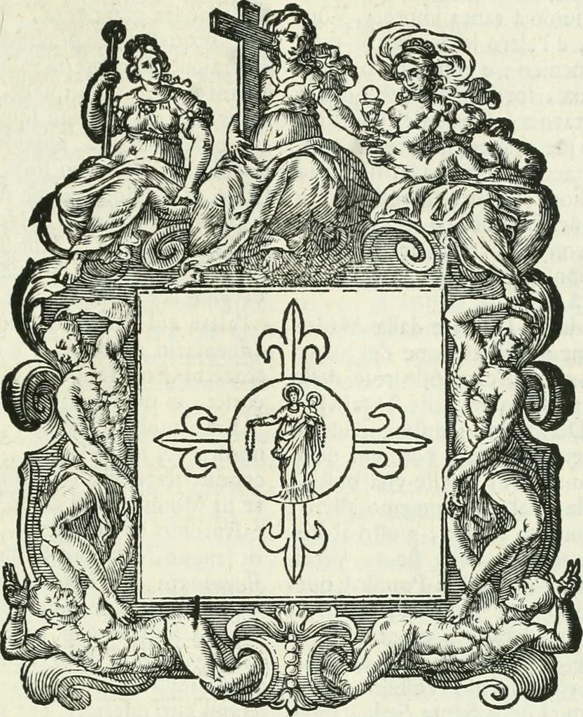 An illustration from Historie cronologiche dell' origine degl' ordini militari e di tutte le religione caualleresche infino ad hora instituite nel mondo : insegne, croci, stendardi, habiti capitolari ò di ceremonia, statuti, e constituzioni di cadaun'ordine : guerre campali e nauali, azioni, fatti celebri, & imprese de caualieri; confederazioni, trattati, paci, & auuenimenti per difesa del Nome Christiano, e propagazione della fede cattolica : serie di tutti i prencipi gran maestri, ordini di dame, e degl' infedeli &c. con le loro diuise, 1692, leaf 144