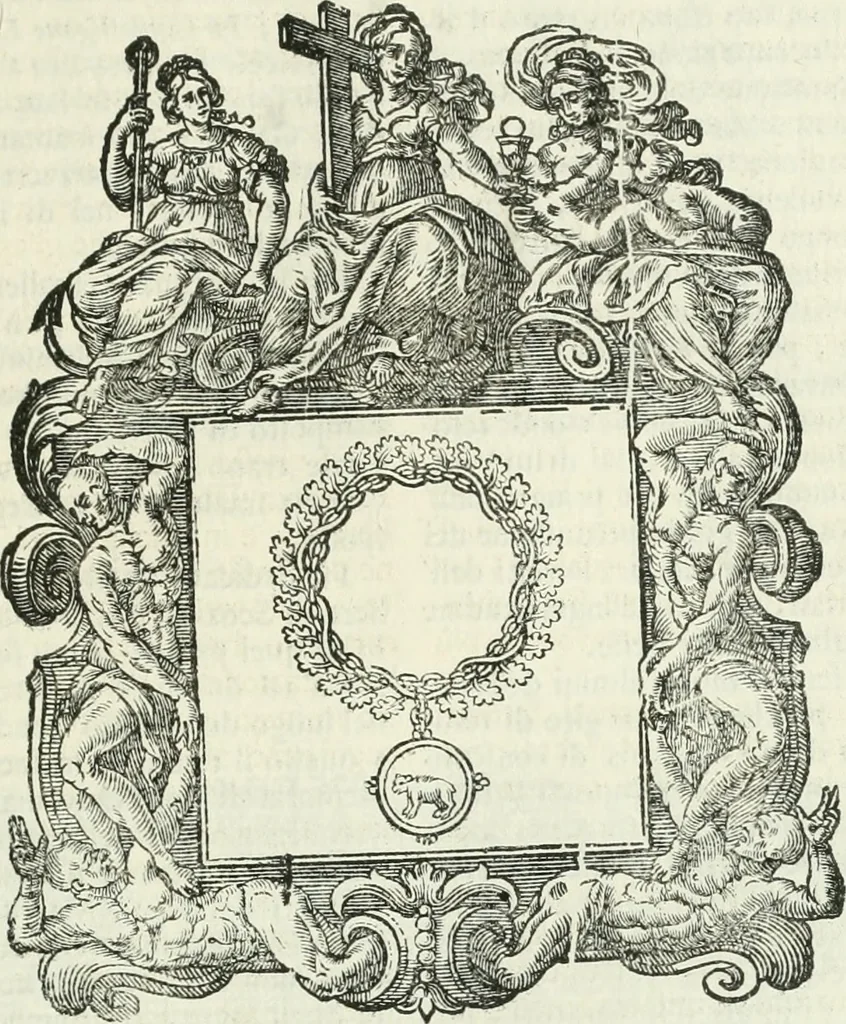 An illustration from Historie cronologiche dell' origine degl' ordini militari e di tutte le religione caualleresche infino ad hora instituite nel mondo : insegne, croci, stendardi, habiti capitolari ò di ceremonia, statuti, e constituzioni di cadaun'ordine : guerre campali e nauali, azioni, fatti celebri, & imprese de caualieri; confederazioni, trattati, paci, & auuenimenti per difesa del Nome Christiano, e propagazione della fede cattolica : serie di tutti i prencipi gran maestri, ordini di dame, e degl' infedeli &c. con le loro diuise, 1692, leaf 148