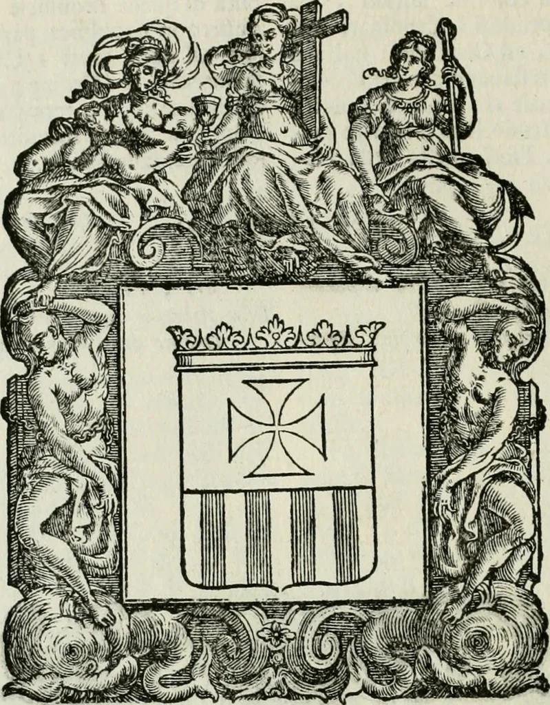 An illustration from Historie cronologiche dell' origine degl' ordini militari e di tutte le religione caualleresche infino ad hora instituite nel mondo : insegne, croci, stendardi, habiti capitolari ò di ceremonia, statuti, e constituzioni di cadaun'ordine : guerre campali e nauali, azioni, fatti celebri, & imprese de caualieri; confederazioni, trattati, paci, & auuenimenti per difesa del Nome Christiano, e propagazione della fede cattolica : serie di tutti i prencipi gran maestri, ordini di dame, e degl' infedeli &c. con le loro diuise, 1692, leaf 151