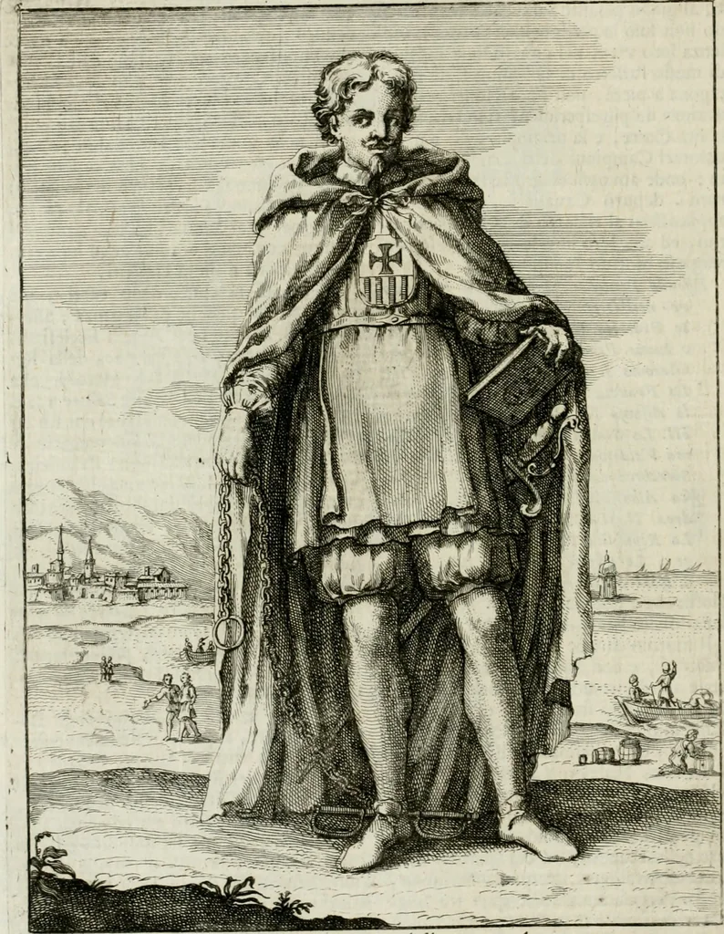 An illustration from Historie cronologiche dell' origine degl' ordini militari e di tutte le religione caualleresche infino ad hora instituite nel mondo : insegne, croci, stendardi, habiti capitolari ò di ceremonia, statuti, e constituzioni di cadaun'ordine : guerre campali e nauali, azioni, fatti celebri, & imprese de caualieri; confederazioni, trattati, paci, & auuenimenti per difesa del Nome Christiano, e propagazione della fede cattolica : serie di tutti i prencipi gran maestri, ordini di dame, e degl' infedeli &c. con le loro diuise, 1692, leaf 153