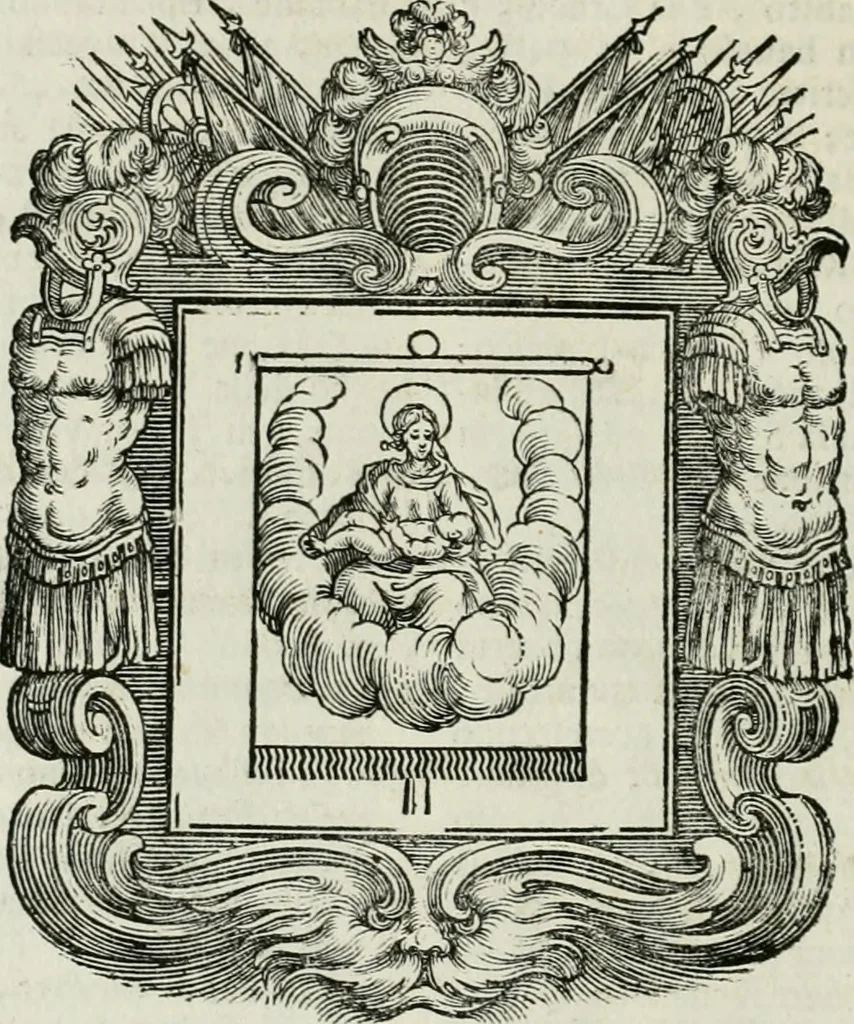 An illustration from Historie cronologiche dell' origine degl' ordini militari e di tutte le religione caualleresche infino ad hora instituite nel mondo : insegne, croci, stendardi, habiti capitolari ò di ceremonia, statuti, e constituzioni di cadaun'ordine : guerre campali e nauali, azioni, fatti celebri, & imprese de caualieri; confederazioni, trattati, paci, & auuenimenti per difesa del Nome Christiano, e propagazione della fede cattolica : serie di tutti i prencipi gran maestri, ordini di dame, e degl' infedeli &c. con le loro diuise, 1692, leaf 155
