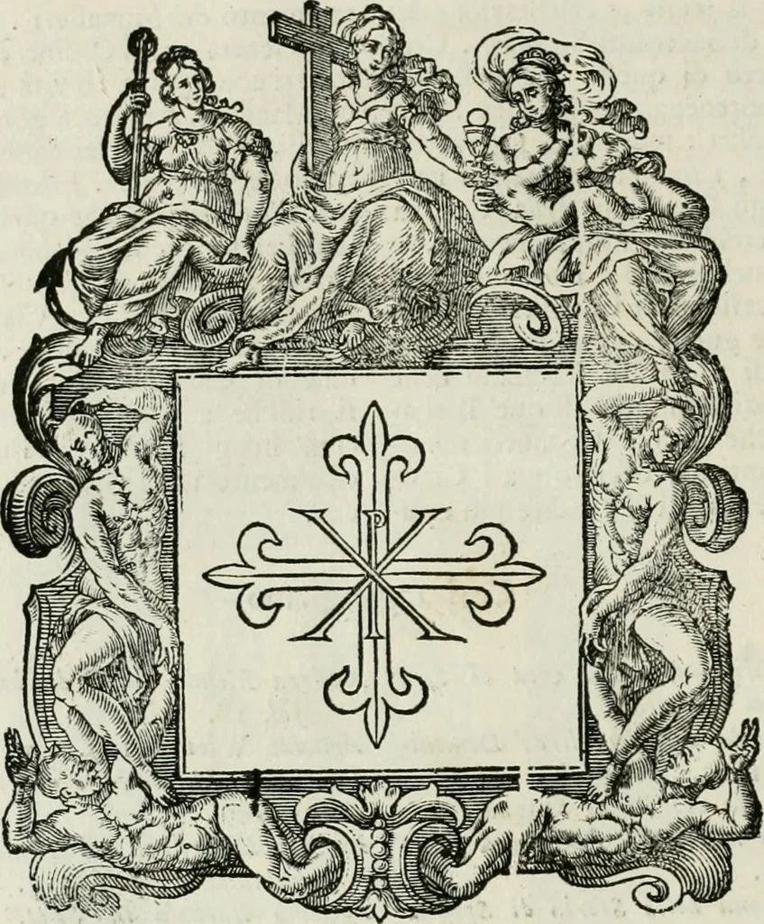 An illustration from Historie cronologiche dell' origine degl' ordini militari e di tutte le religione caualleresche infino ad hora instituite nel mondo : insegne, croci, stendardi, habiti capitolari ò di ceremonia, statuti, e constituzioni di cadaun'ordine : guerre campali e nauali, azioni, fatti celebri, & imprese de caualieri; confederazioni, trattati, paci, & auuenimenti per difesa del Nome Christiano, e propagazione della fede cattolica : serie di tutti i prencipi gran maestri, ordini di dame, e degl' infedeli &c. con le loro diuise, 1692, leaf 157