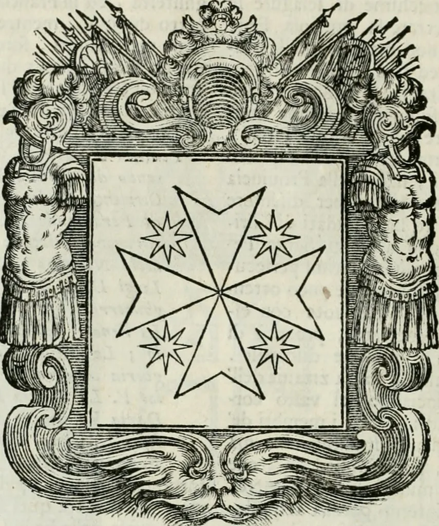 An illustration from Historie cronologiche dell' origine degl' ordini militari e di tutte le religione caualleresche infino ad hora instituite nel mondo : insegne, croci, stendardi, habiti capitolari ò di ceremonia, statuti, e constituzioni di cadaun'ordine : guerre campali e nauali, azioni, fatti celebri, & imprese de caualieri; confederazioni, trattati, paci, & auuenimenti per difesa del Nome Christiano, e propagazione della fede cattolica : serie di tutti i prencipi gran maestri, ordini di dame, e degl' infedeli &c. con le loro diuise, 1692, leaf 163