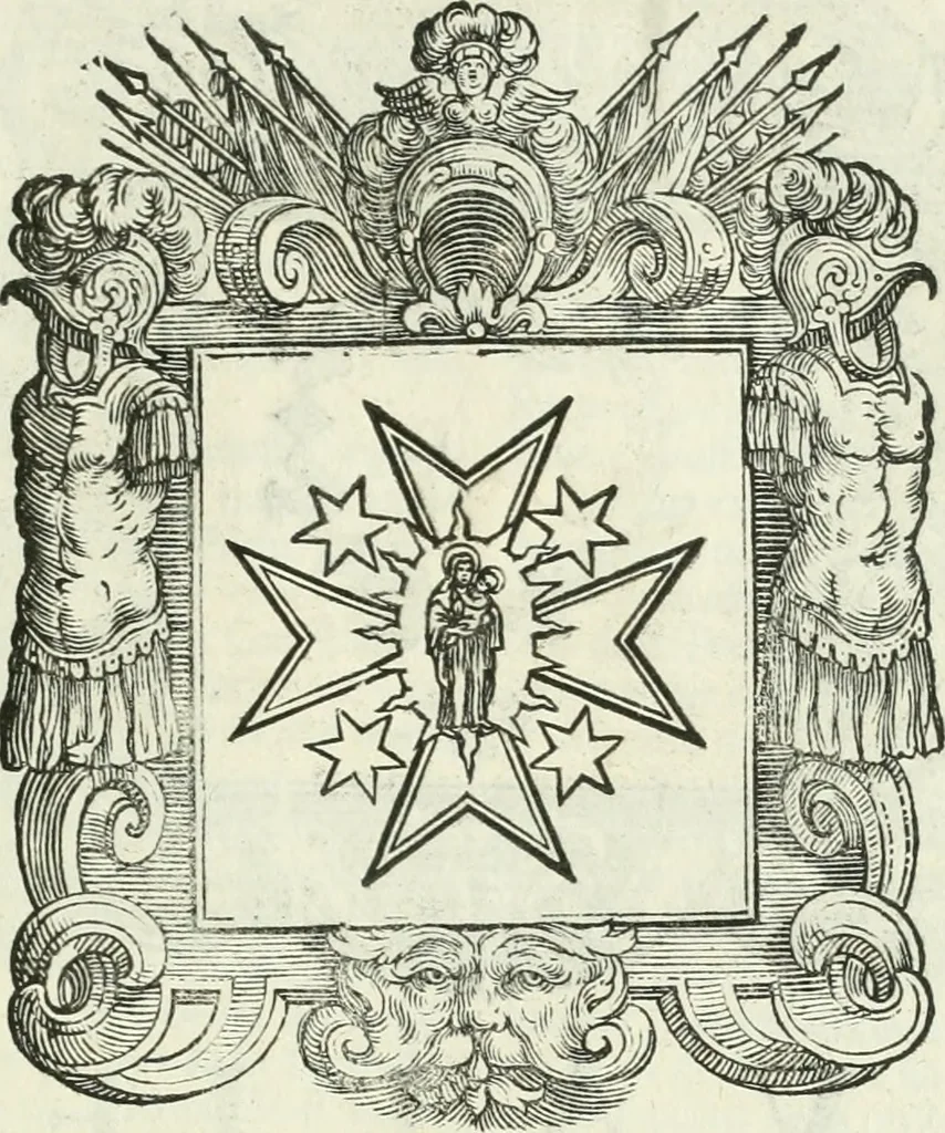 An illustration from Historie cronologiche dell' origine degl' ordini militari e di tutte le religione caualleresche infino ad hora instituite nel mondo : insegne, croci, stendardi, habiti capitolari ò di ceremonia, statuti, e constituzioni di cadaun'ordine : guerre campali e nauali, azioni, fatti celebri, & imprese de caualieri; confederazioni, trattati, paci, & auuenimenti per difesa del Nome Christiano, e propagazione della fede cattolica : serie di tutti i prencipi gran maestri, ordini di dame, e degl' infedeli &c. con le loro diuise, 1692, leaf 164