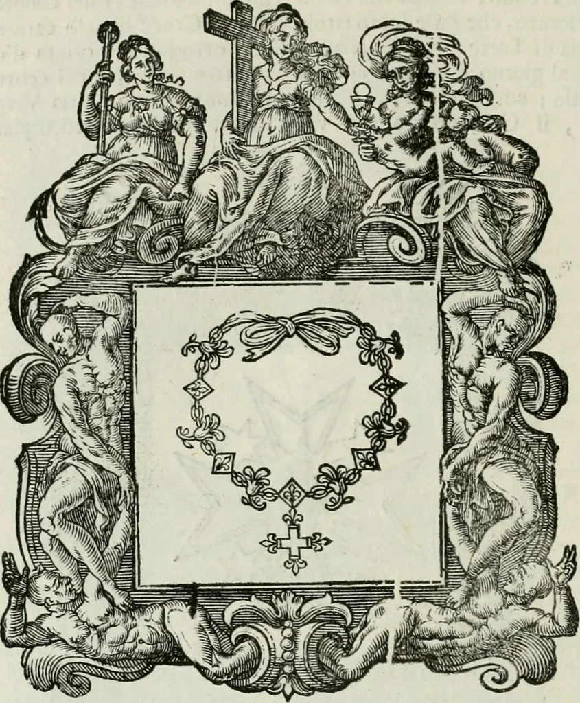 An illustration from Historie cronologiche dell' origine degl' ordini militari e di tutte le religione caualleresche infino ad hora instituite nel mondo : insegne, croci, stendardi, habiti capitolari ò di ceremonia, statuti, e constituzioni di cadaun'ordine : guerre campali e nauali, azioni, fatti celebri, & imprese de caualieri; confederazioni, trattati, paci, & auuenimenti per difesa del Nome Christiano, e propagazione della fede cattolica : serie di tutti i prencipi gran maestri, ordini di dame, e degl' infedeli &c. con le loro diuise, 1692, leaf 165