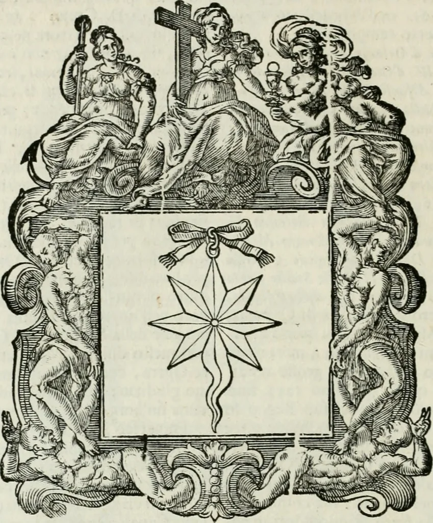 An illustration from Historie cronologiche dell' origine degl' ordini militari e di tutte le religione caualleresche infino ad hora instituite nel mondo : insegne, croci, stendardi, habiti capitolari ò di ceremonia, statuti, e constituzioni di cadaun'ordine : guerre campali e nauali, azioni, fatti celebri, & imprese de caualieri; confederazioni, trattati, paci, & auuenimenti per difesa del Nome Christiano, e propagazione della fede cattolica : serie di tutti i prencipi gran maestri, ordini di dame, e degl' infedeli &c. con le loro diuise, 1692, leaf 169