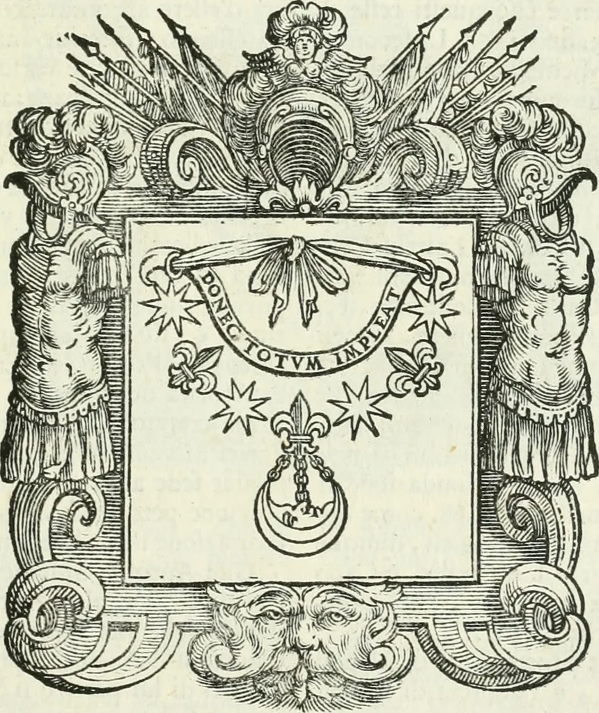An illustration from Historie cronologiche dell' origine degl' ordini militari e di tutte le religione caualleresche infino ad hora instituite nel mondo : insegne, croci, stendardi, habiti capitolari ò di ceremonia, statuti, e constituzioni di cadaun'ordine : guerre campali e nauali, azioni, fatti celebri, & imprese de caualieri; confederazioni, trattati, paci, & auuenimenti per difesa del Nome Christiano, e propagazione della fede cattolica : serie di tutti i prencipi gran maestri, ordini di dame, e degl' infedeli &c. con le loro diuise, 1692, leaf 170