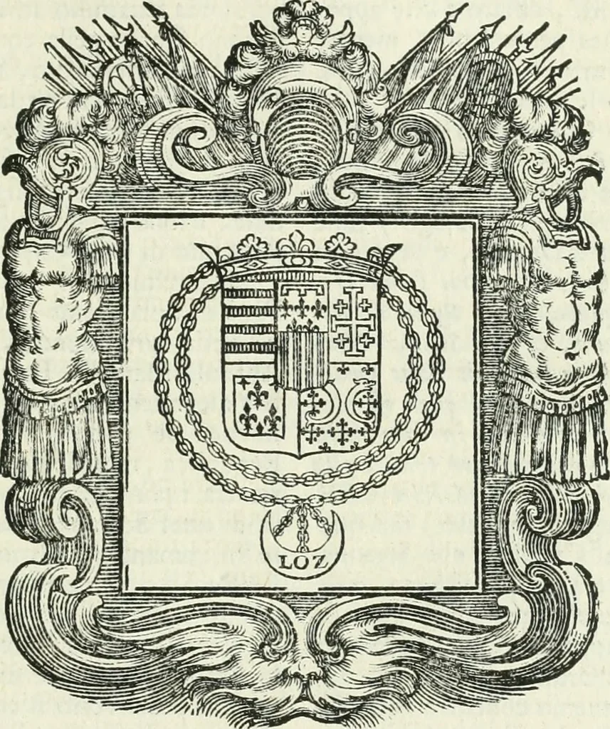An illustration from Historie cronologiche dell' origine degl' ordini militari e di tutte le religione caualleresche infino ad hora instituite nel mondo : insegne, croci, stendardi, habiti capitolari ò di ceremonia, statuti, e constituzioni di cadaun'ordine : guerre campali e nauali, azioni, fatti celebri, & imprese de caualieri; confederazioni, trattati, paci, & auuenimenti per difesa del Nome Christiano, e propagazione della fede cattolica : serie di tutti i prencipi gran maestri, ordini di dame, e degl' infedeli &c. con le loro diuise, 1692, leaf 172