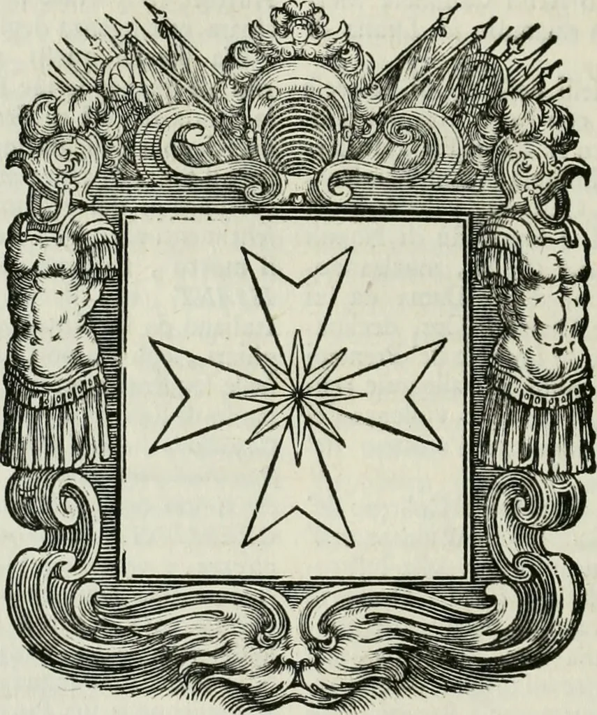 An illustration from Historie cronologiche dell' origine degl' ordini militari e di tutte le religione caualleresche infino ad hora instituite nel mondo : insegne, croci, stendardi, habiti capitolari ò di ceremonia, statuti, e constituzioni di cadaun'ordine : guerre campali e nauali, azioni, fatti celebri, & imprese de caualieri; confederazioni, trattati, paci, & auuenimenti per difesa del Nome Christiano, e propagazione della fede cattolica : serie di tutti i prencipi gran maestri, ordini di dame, e degl' infedeli &c. con le loro diuise, 1692, leaf 175