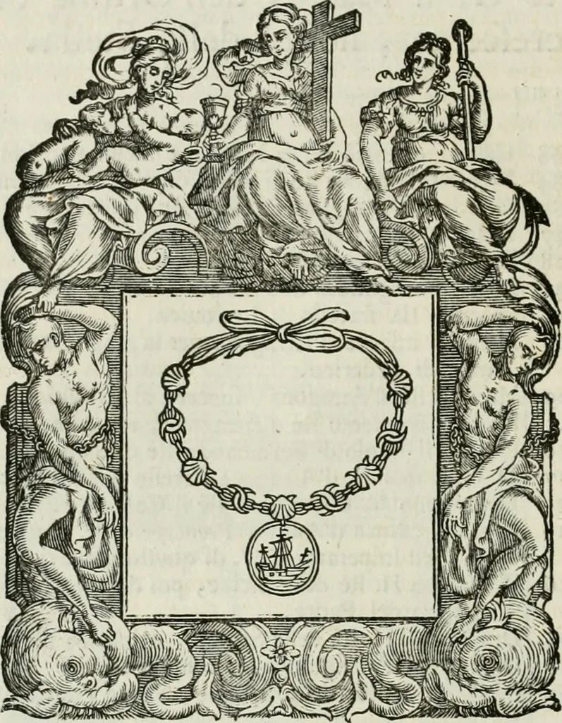 An illustration from Historie cronologiche dell' origine degl' ordini militari e di tutte le religione caualleresche infino ad hora instituite nel mondo : insegne, croci, stendardi, habiti capitolari ò di ceremonia, statuti, e constituzioni di cadaun'ordine : guerre campali e nauali, azioni, fatti celebri, & imprese de caualieri; confederazioni, trattati, paci, & auuenimenti per difesa del Nome Christiano, e propagazione della fede cattolica : serie di tutti i prencipi gran maestri, ordini di dame, e degl' infedeli &c. con le loro diuise, 1692, leaf 177