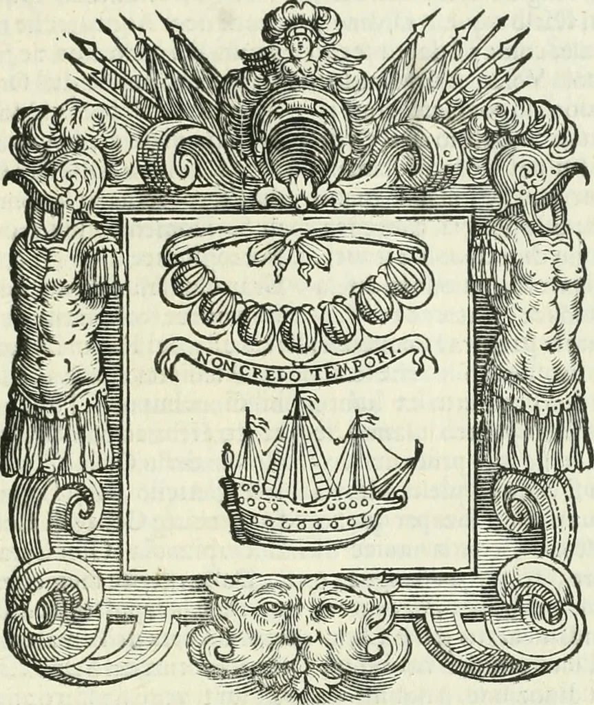 An illustration from Historie cronologiche dell' origine degl' ordini militari e di tutte le religione caualleresche infino ad hora instituite nel mondo : insegne, croci, stendardi, habiti capitolari ò di ceremonia, statuti, e constituzioni di cadaun'ordine : guerre campali e nauali, azioni, fatti celebri, & imprese de caualieri; confederazioni, trattati, paci, & auuenimenti per difesa del Nome Christiano, e propagazione della fede cattolica : serie di tutti i prencipi gran maestri, ordini di dame, e degl' infedeli &c. con le loro diuise, 1692, leaf 180