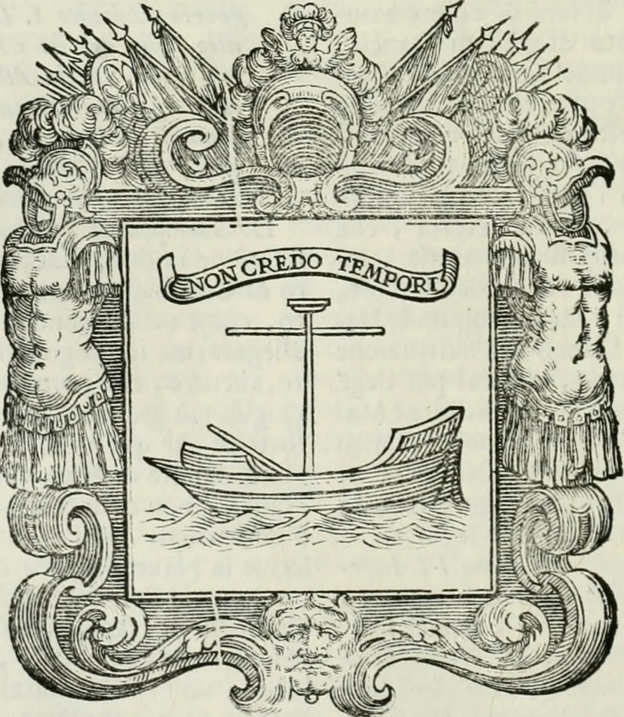An illustration from Historie cronologiche dell' origine degl' ordini militari e di tutte le religione caualleresche infino ad hora instituite nel mondo : insegne, croci, stendardi, habiti capitolari ò di ceremonia, statuti, e constituzioni di cadaun'ordine : guerre campali e nauali, azioni, fatti celebri, & imprese de caualieri; confederazioni, trattati, paci, & auuenimenti per difesa del Nome Christiano, e propagazione della fede cattolica : serie di tutti i prencipi gran maestri, ordini di dame, e degl' infedeli &c. con le loro diuise, 1692, leaf 181
