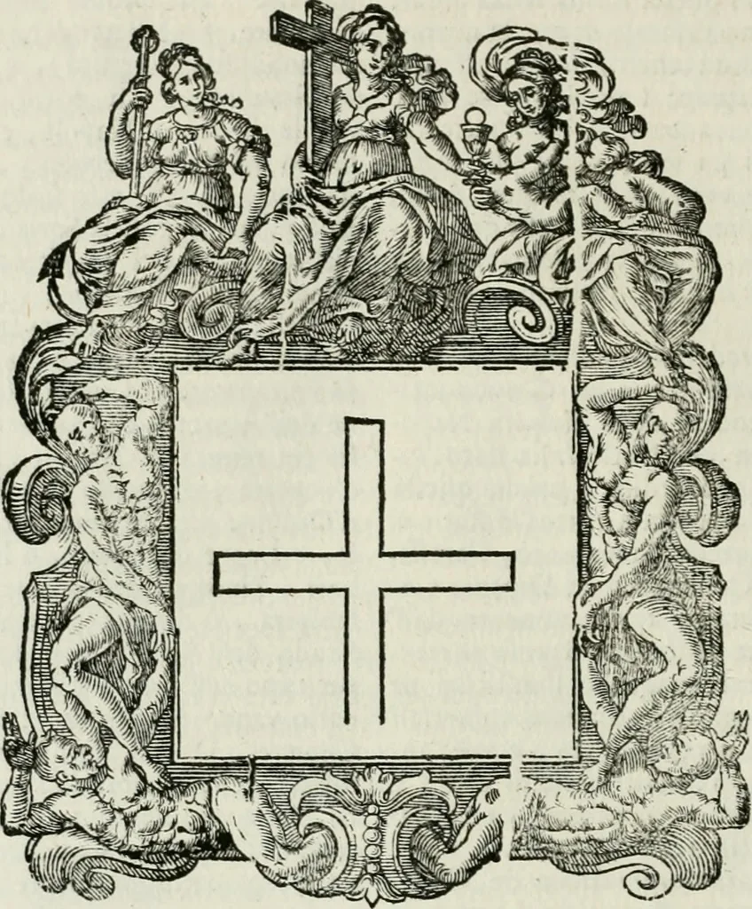 An illustration from Historie cronologiche dell' origine degl' ordini militari e di tutte le religione caualleresche infino ad hora instituite nel mondo : insegne, croci, stendardi, habiti capitolari ò di ceremonia, statuti, e constituzioni di cadaun'ordine : guerre campali e nauali, azioni, fatti celebri, & imprese de caualieri; confederazioni, trattati, paci, & auuenimenti per difesa del Nome Christiano, e propagazione della fede cattolica : serie di tutti i prencipi gran maestri, ordini di dame, e degl' infedeli &c. con le loro diuise, 1692, leaf 183