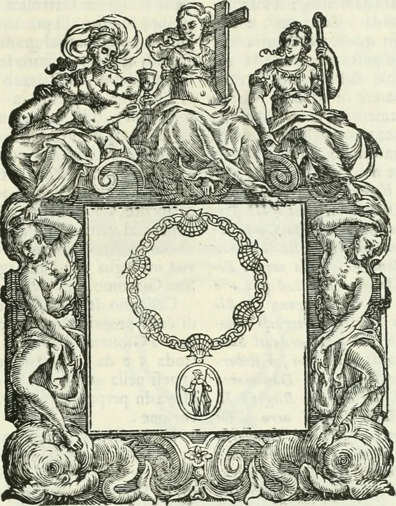 An illustration from Historie cronologiche dell' origine degl' ordini militari e di tutte le religione caualleresche infino ad hora instituite nel mondo : insegne, croci, stendardi, habiti capitolari ò di ceremonia, statuti, e constituzioni di cadaun'ordine : guerre campali e nauali, azioni, fatti celebri, & imprese de caualieri; confederazioni, trattati, paci, & auuenimenti per difesa del Nome Christiano, e propagazione della fede cattolica : serie di tutti i prencipi gran maestri, ordini di dame, e degl' infedeli &c. con le loro diuise, 1692, leaf 190