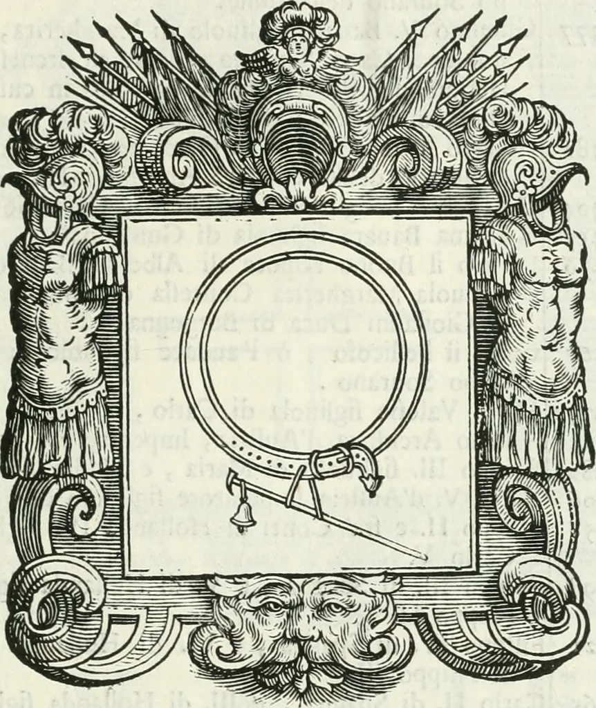 An illustration from Historie cronologiche dell' origine degl' ordini militari e di tutte le religione caualleresche infino ad hora instituite nel mondo : insegne, croci, stendardi, habiti capitolari ò di ceremonia, statuti, e constituzioni di cadaun'ordine : guerre campali e nauali, azioni, fatti celebri, & imprese de caualieri; confederazioni, trattati, paci, & auuenimenti per difesa del Nome Christiano, e propagazione della fede cattolica : serie di tutti i prencipi gran maestri, ordini di dame, e degl' infedeli &c. con le loro diuise, 1692, leaf 192