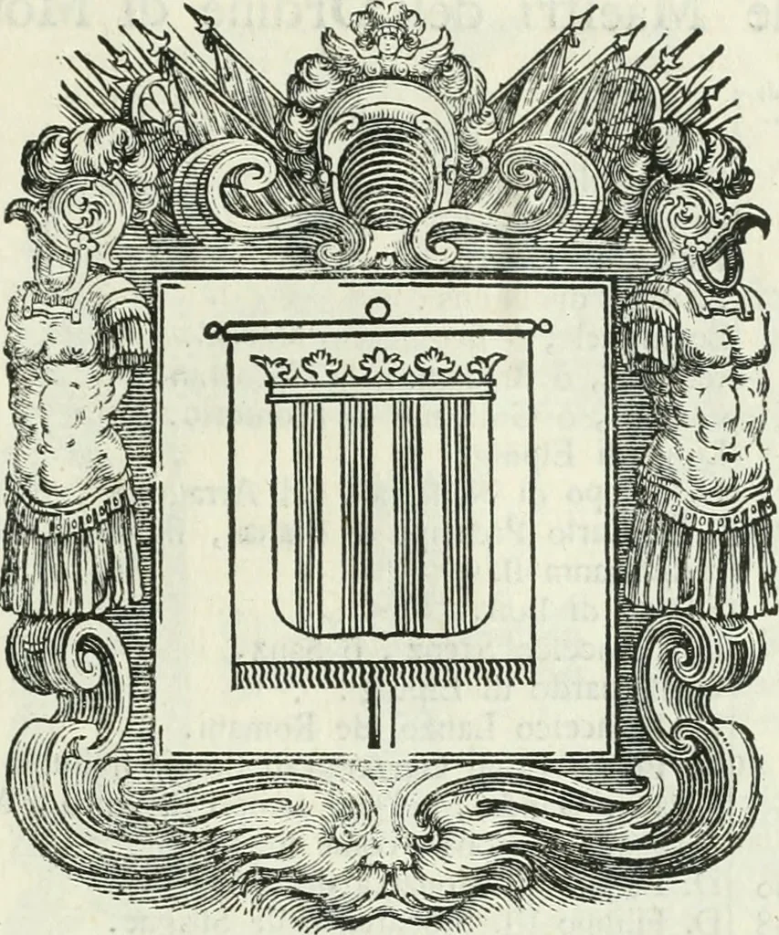 An illustration from Historie cronologiche dell' origine degl' ordini militari e di tutte le religione caualleresche infino ad hora instituite nel mondo : insegne, croci, stendardi, habiti capitolari ò di ceremonia, statuti, e constituzioni di cadaun'ordine : guerre campali e nauali, azioni, fatti celebri, & imprese de caualieri; confederazioni, trattati, paci, & auuenimenti per difesa del Nome Christiano, e propagazione della fede cattolica : serie di tutti i prencipi gran maestri, ordini di dame, e degl' infedeli &c. con le loro diuise, 1692, leaf 196