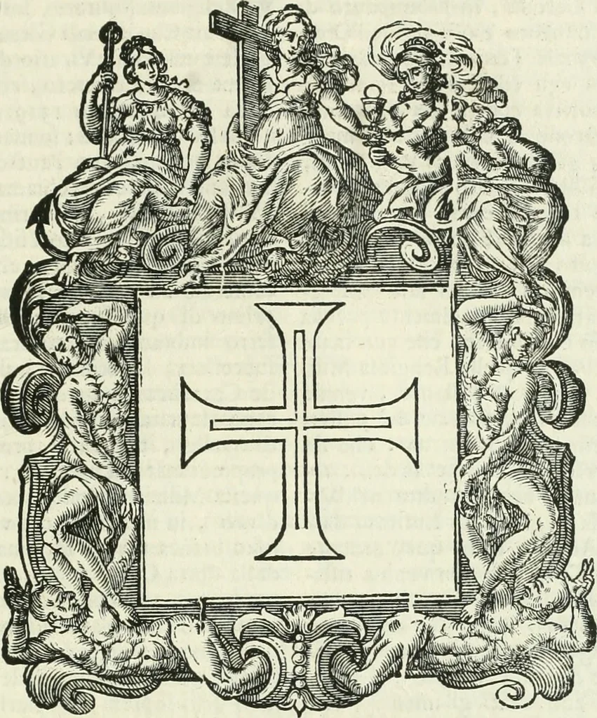 An illustration from Historie cronologiche dell' origine degl' ordini militari e di tutte le religione caualleresche infino ad hora instituite nel mondo : insegne, croci, stendardi, habiti capitolari ò di ceremonia, statuti, e constituzioni di cadaun'ordine : guerre campali e nauali, azioni, fatti celebri, & imprese de caualieri; confederazioni, trattati, paci, & auuenimenti per difesa del Nome Christiano, e propagazione della fede cattolica : serie di tutti i prencipi gran maestri, ordini di dame, e degl' infedeli &c. con le loro diuise, 1692, leaf 200