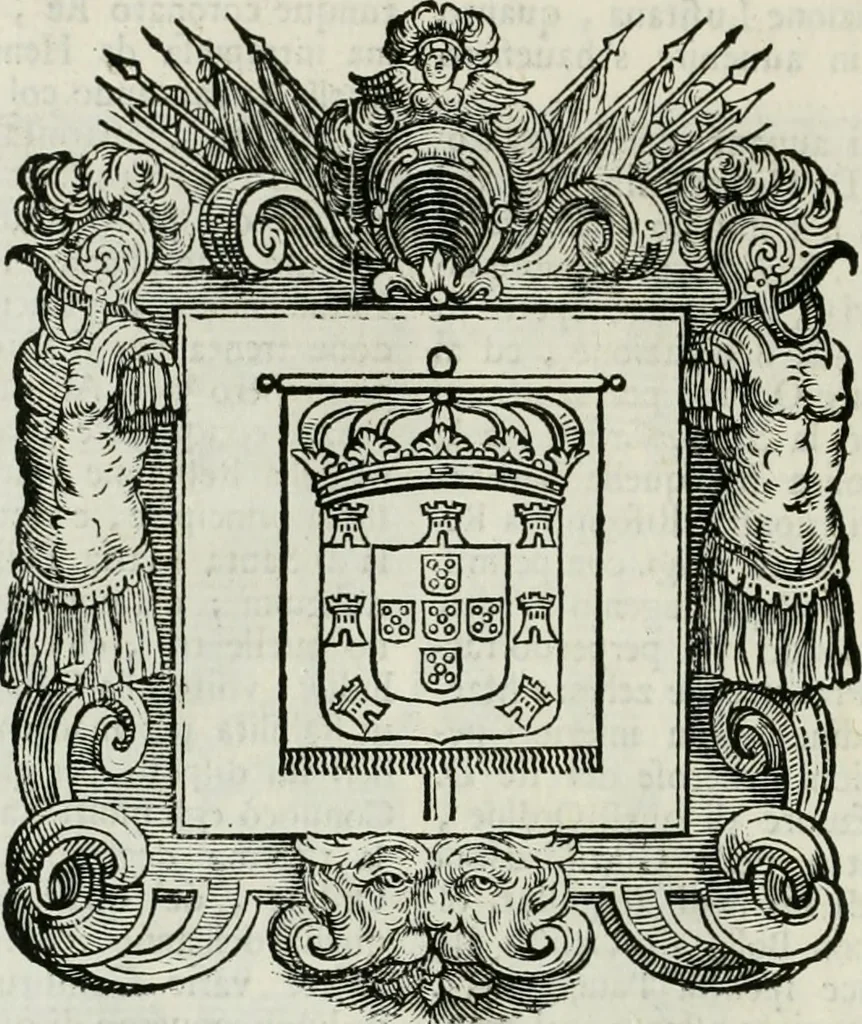 An illustration from Historie cronologiche dell' origine degl' ordini militari e di tutte le religione caualleresche infino ad hora instituite nel mondo : insegne, croci, stendardi, habiti capitolari ò di ceremonia, statuti, e constituzioni di cadaun'ordine : guerre campali e nauali, azioni, fatti celebri, & imprese de caualieri; confederazioni, trattati, paci, & auuenimenti per difesa del Nome Christiano, e propagazione della fede cattolica : serie di tutti i prencipi gran maestri, ordini di dame, e degl' infedeli &c. con le loro diuise, 1692, leaf 205